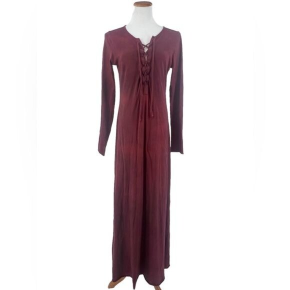 Free People Burgundy Lace Up Long Sleeve Jersey Maxi Dress - Picture 13 of 16